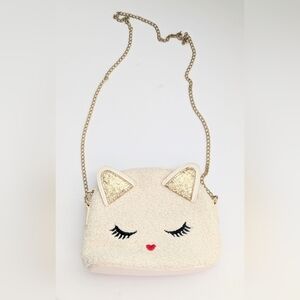 Adorable Girls' Cream Cat Face Crossbody Bag/Purse w/Gold Sequins & Chain